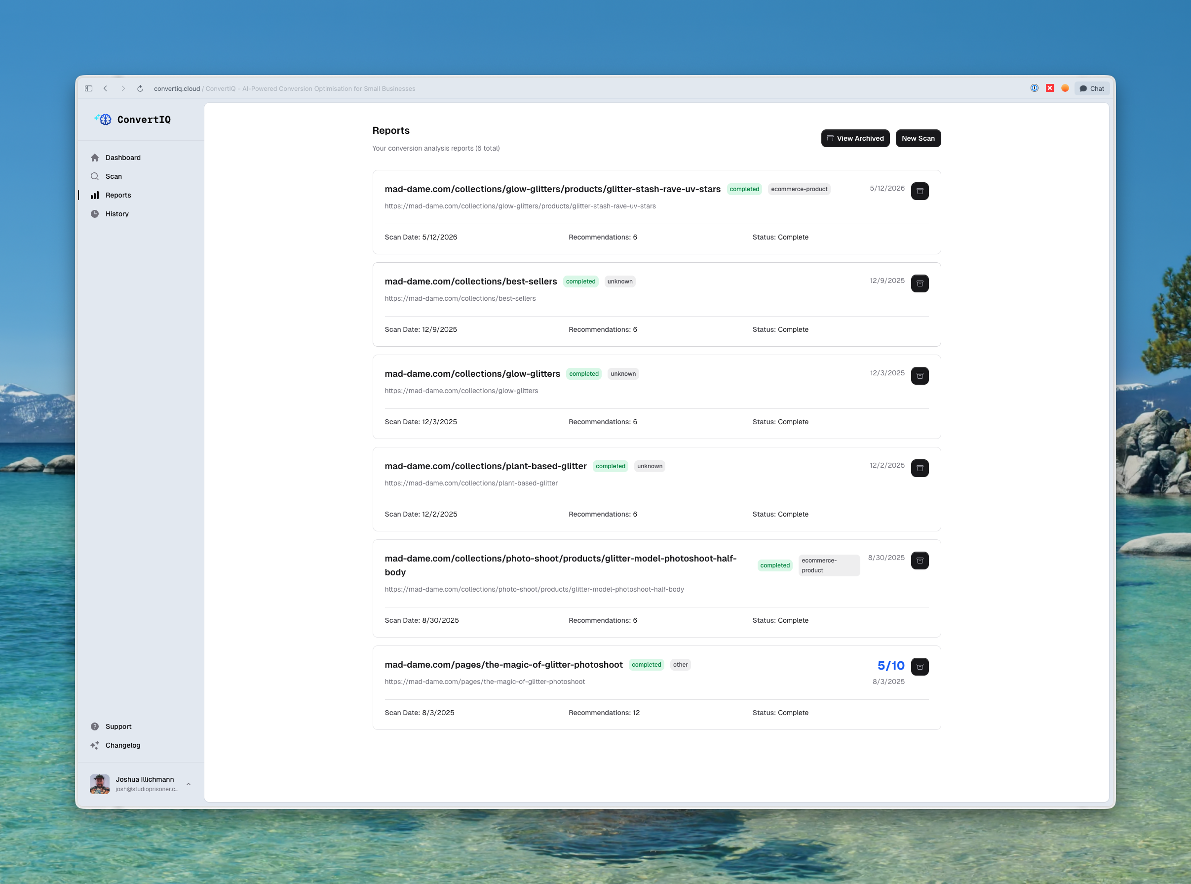 ConvertIQ reports page showing scores, insights and recommendations