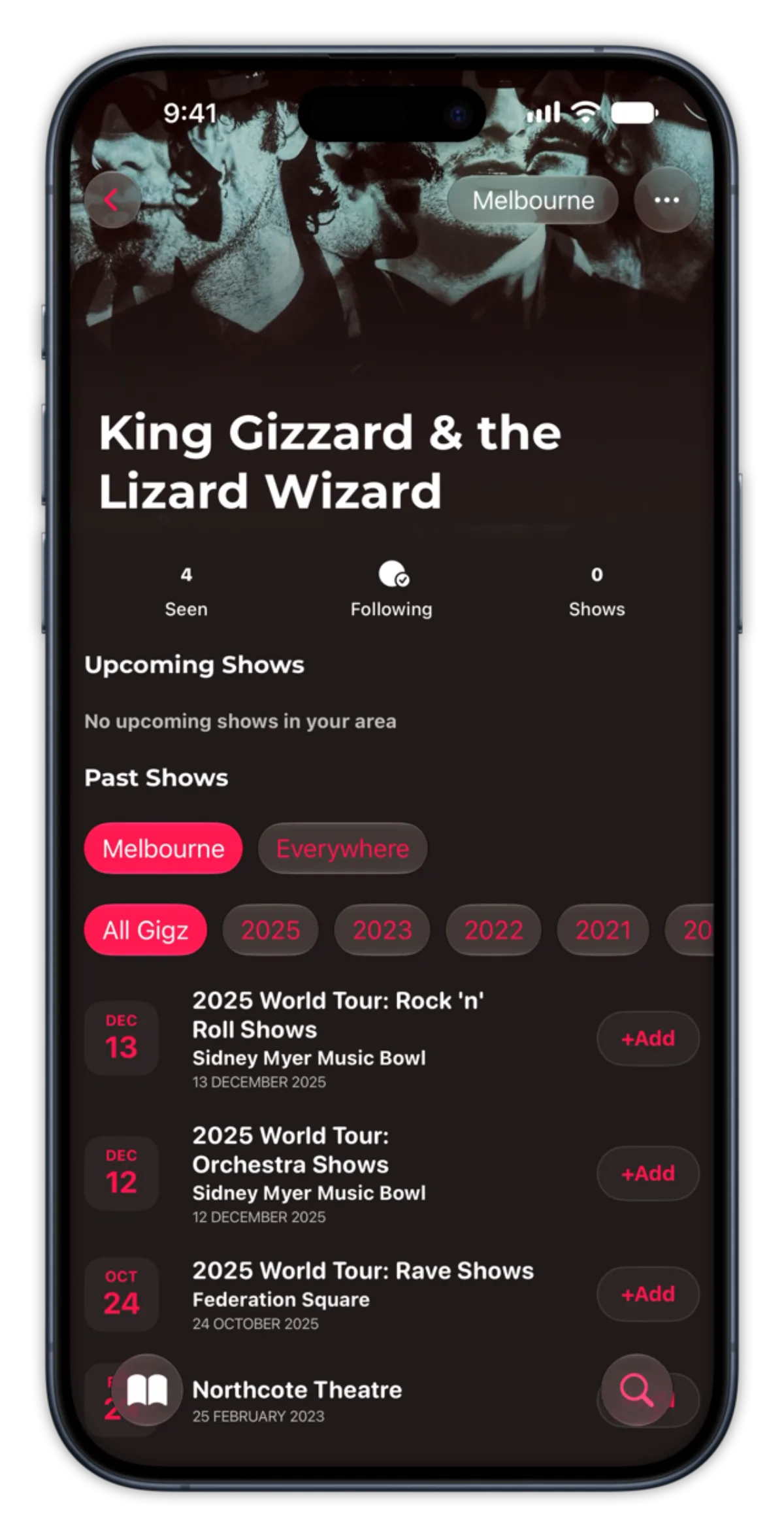 Gigz Add flow: pick the show you were at