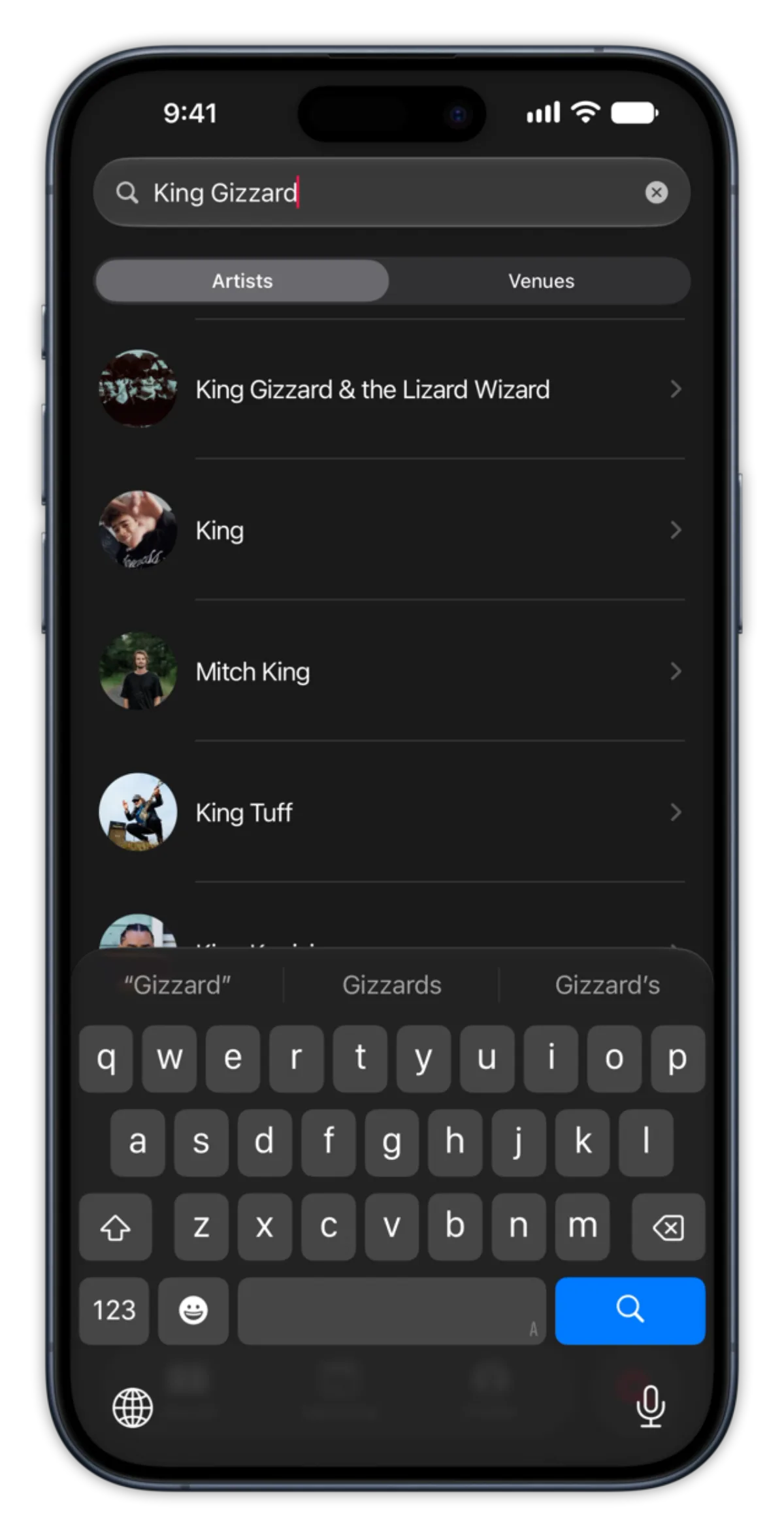 Gigz Add flow: artist, venue, date, and setlist filled in automatically