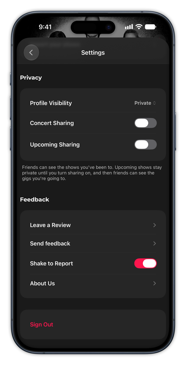 Gigz privacy settings screen
