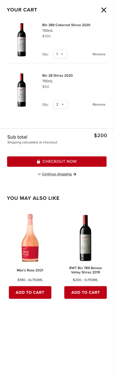 Redesigned mini-cart with subtotal, quantity dropdowns and a Remove text link