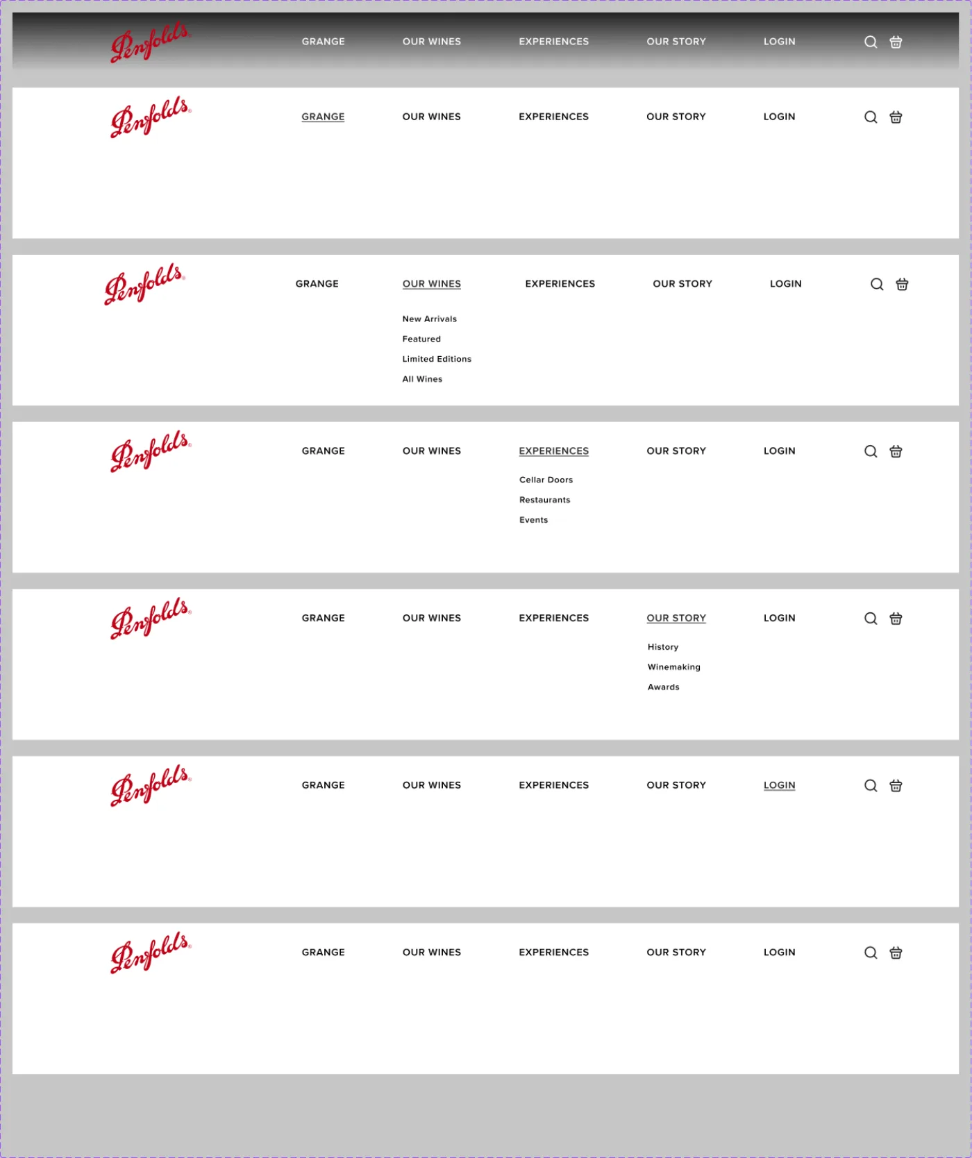 Redesigned Penfolds global navigation with each top-level menu expanded: Grange, Our Wines, Experiences, Our Story and Login