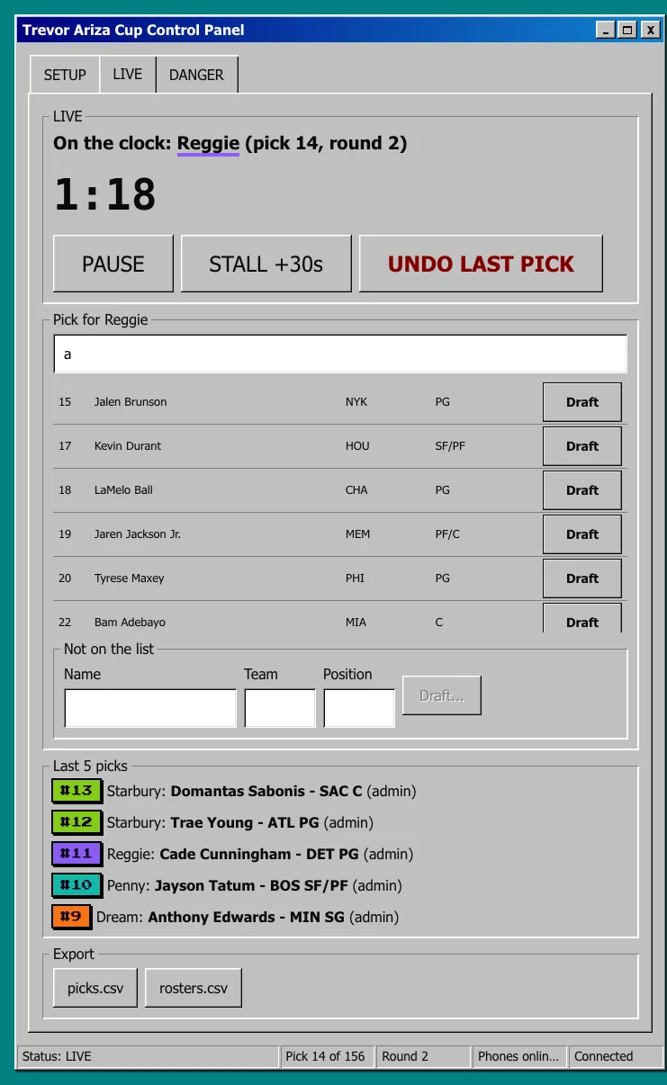 The admin Control Panel in the Windows 95 style, live tab with countdown and pick-for search