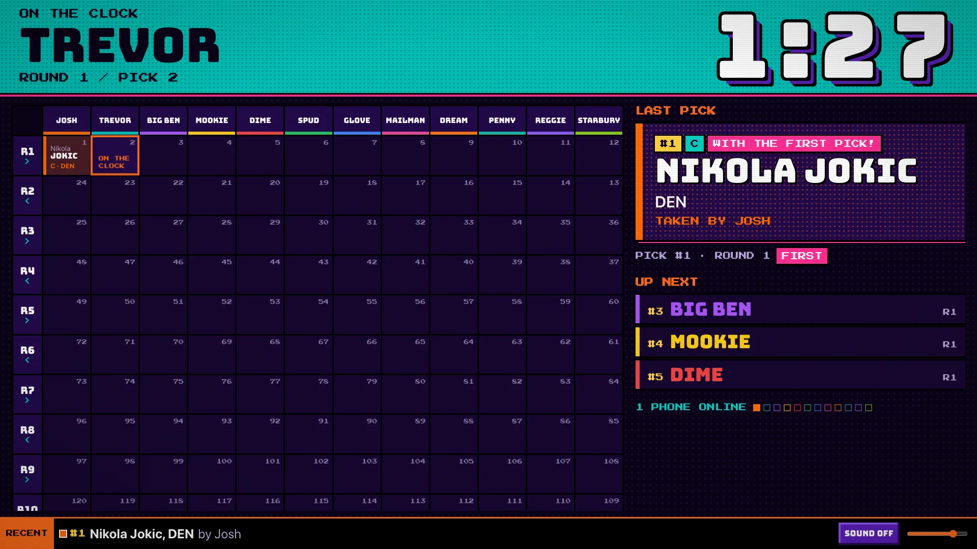 The draft board on a 1080p screen: on the clock banner, countdown, draft grid and last pick spotlight