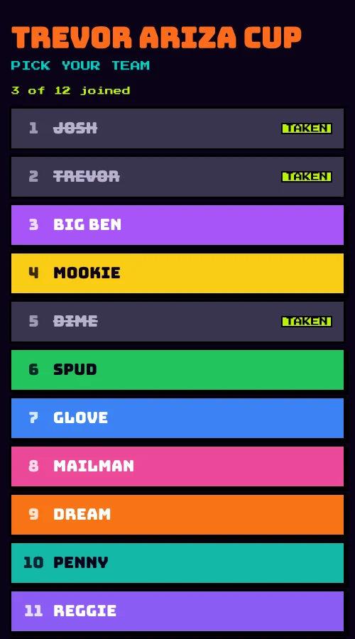 The join page: one button per team in its colour, taken teams greyed out