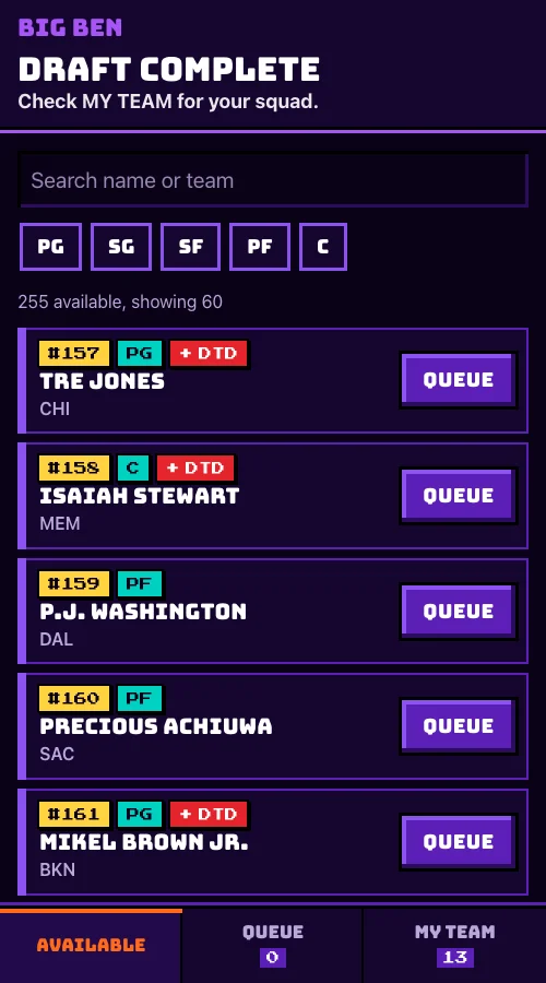 Phone list with a red DTD injury badge next to the position