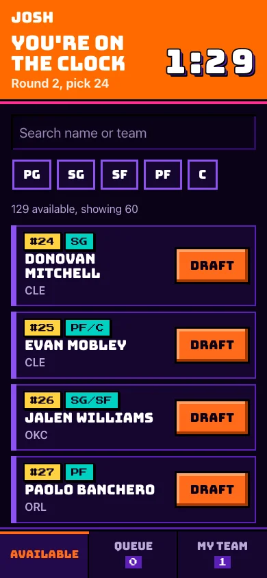 The phone view while on the clock: countdown in the header, player rows with DRAFT buttons